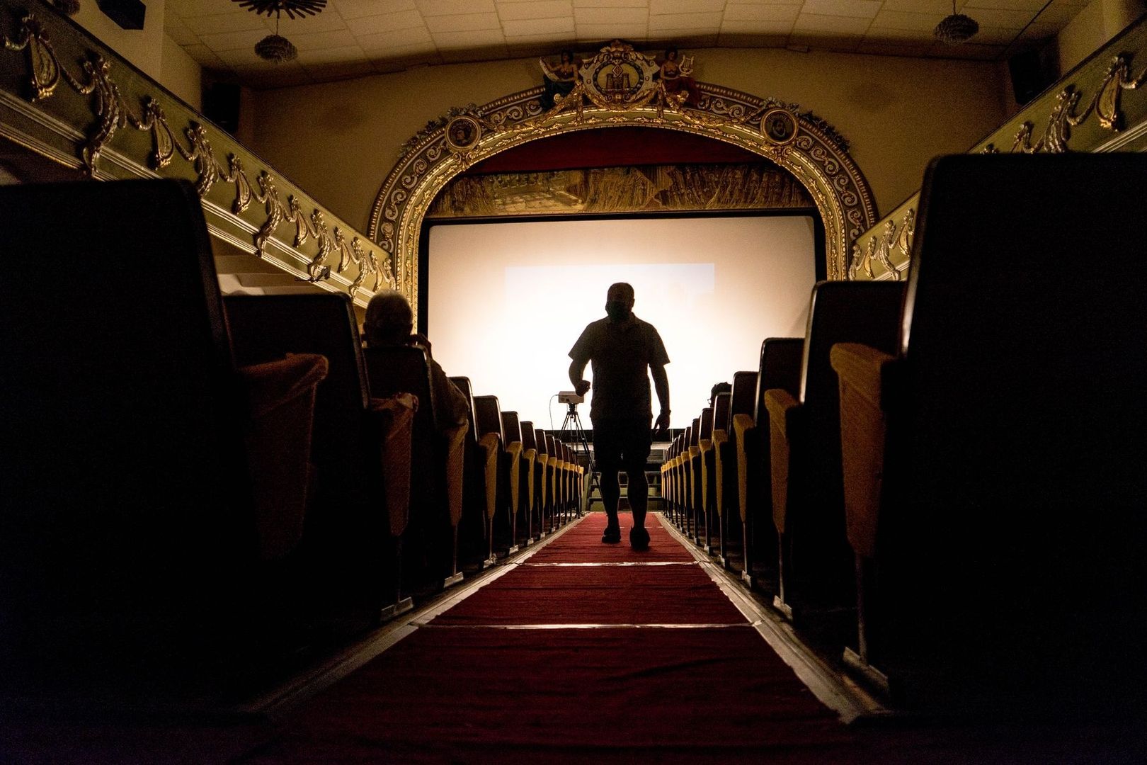 Silhouetted viewer walks through a historic theater toward a bright screen