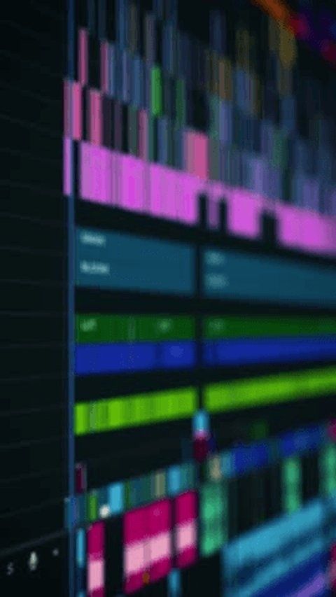Blurred video editing timeline with colorful clips and tracks
